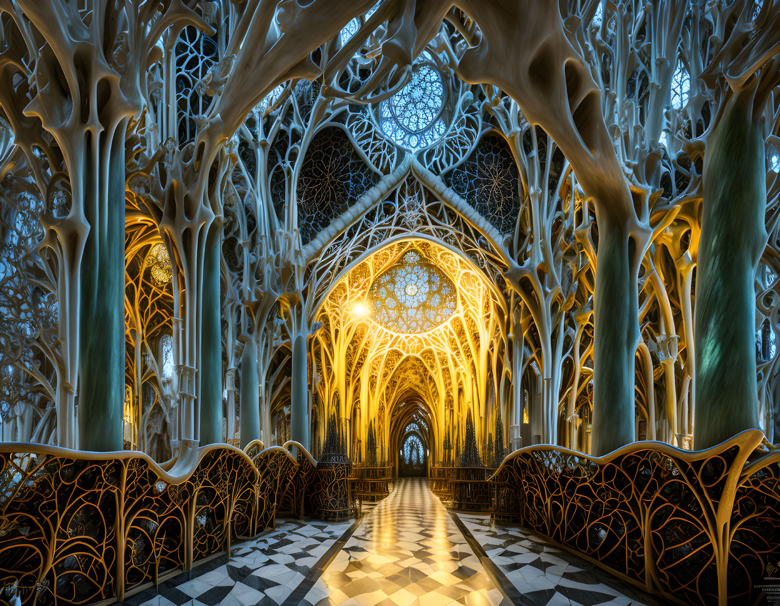 Ornate Gothic hall with tree-like pillars and stained glass window