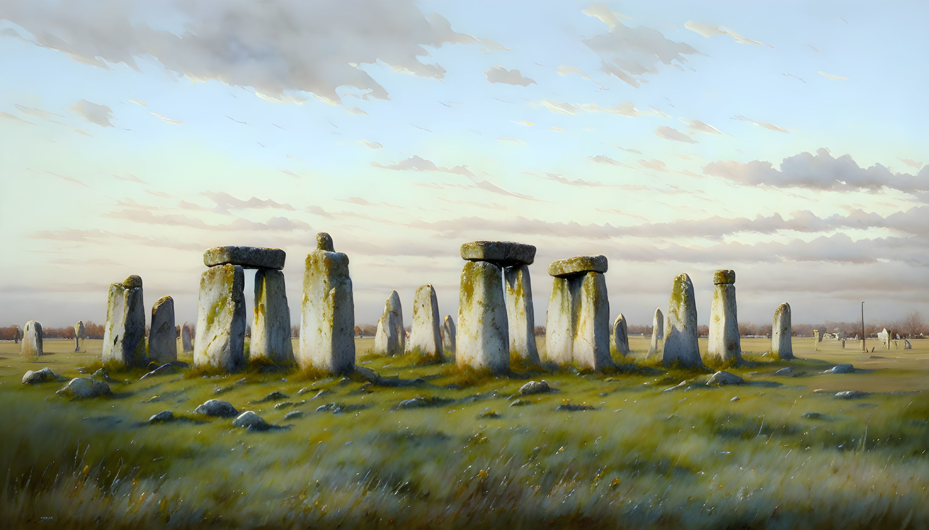 Stone circle in grassy field under cloudy sky with flying birds.