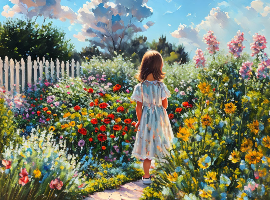 Young girl in floral dress on garden path with colorful blossoms, white picket fence, trees,