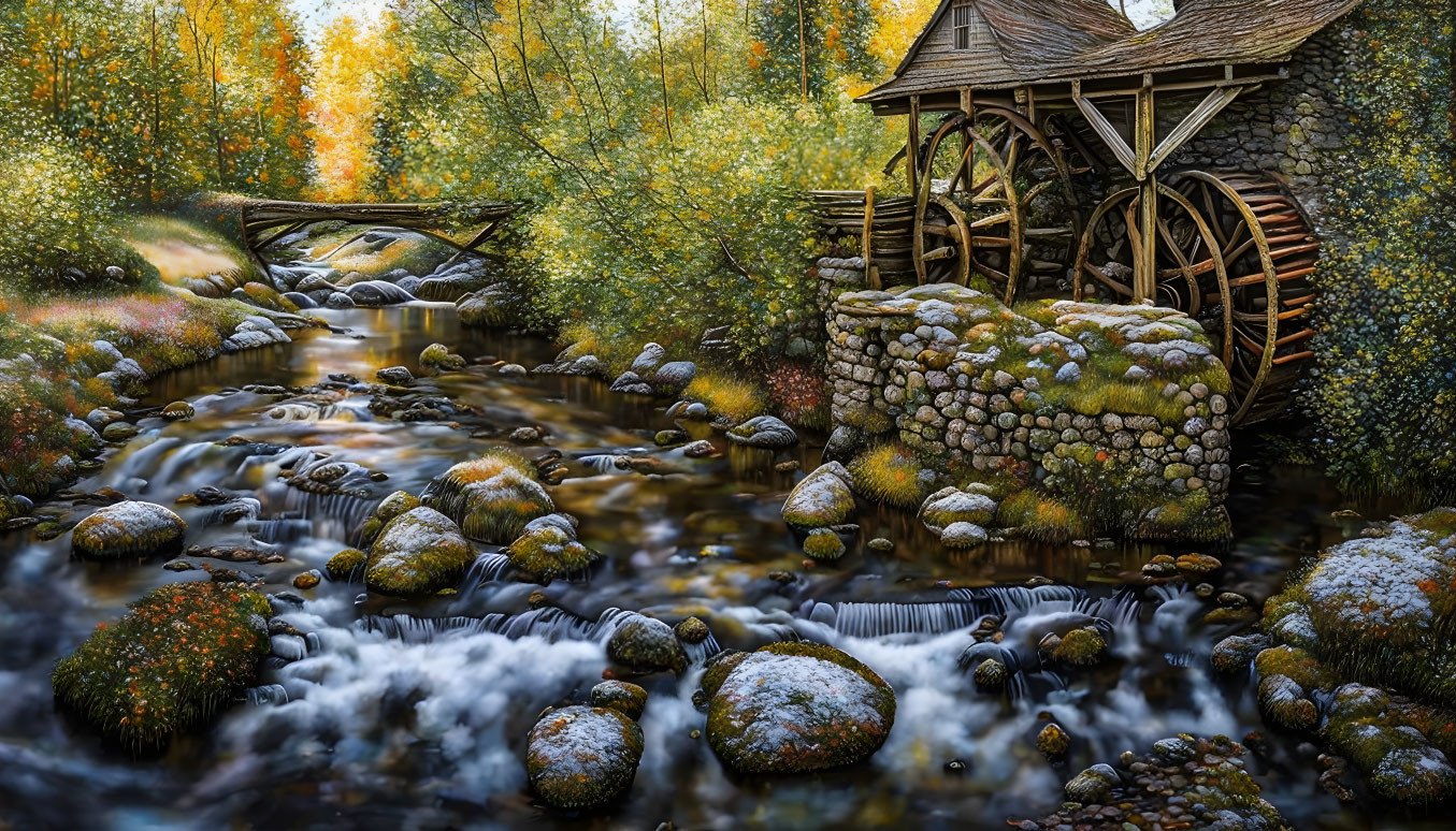 Tranquil stream with moss-covered rocks near rustic autumnal watermill