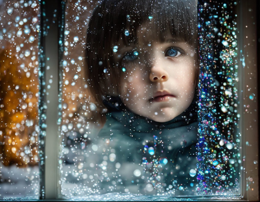 Child with dark hair gazes out rainy window in autumn.