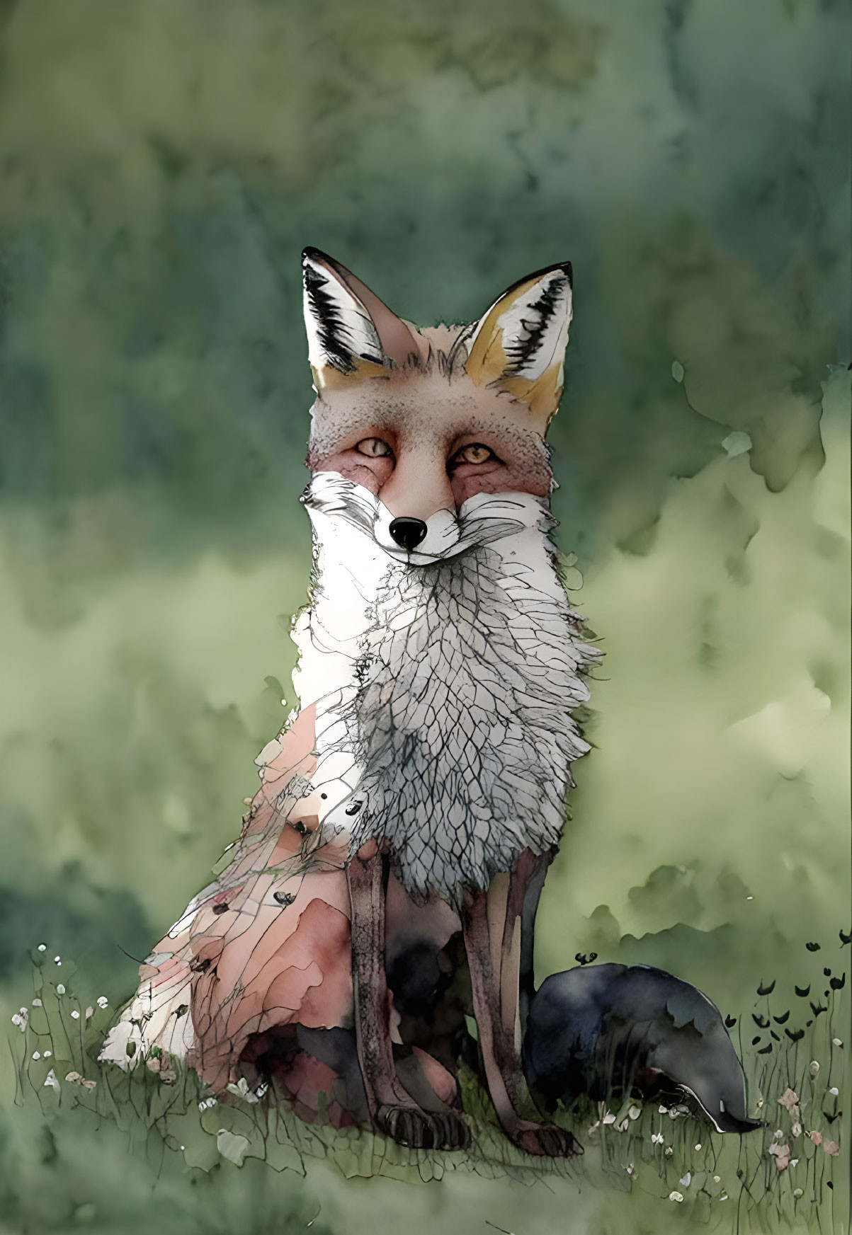 Red Fox Watercolor Illustration in Grass Field with Ethereal Green Background