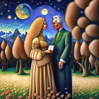 Surreal painting of man and woman in formal wear in dreamlike landscape