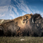 Majestic bison in field under dramatic sky with birds