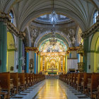 Ornate Gothic hall with tree-like pillars and stained glass window