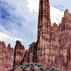 Red Sandstone Spire Dominates Desert Landscape with Weathered Fence