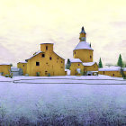 Yellow village illustration in snowy landscape with frosted trees