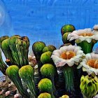 Colorful flowering cacti and prickly pears on blue background