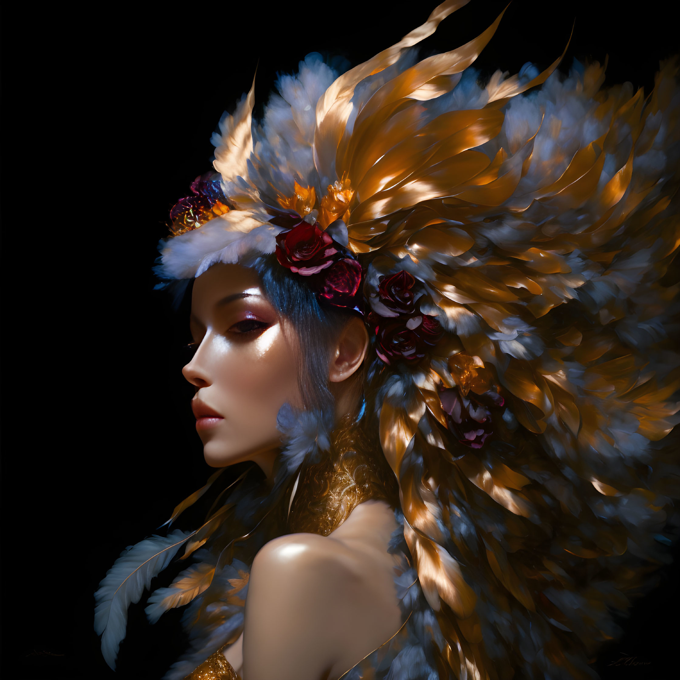 Golden feathered headdress portrait of woman with roses on dark background