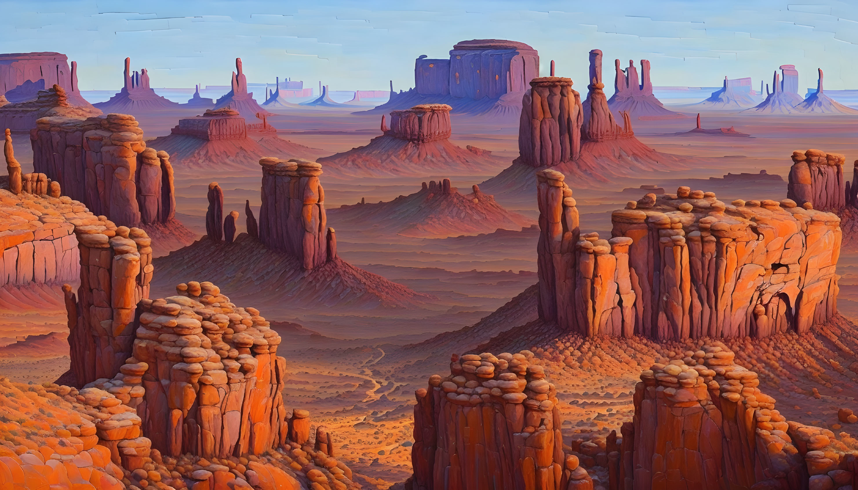 Desert landscape with sandstone buttes and rock formations at sunrise or sunset