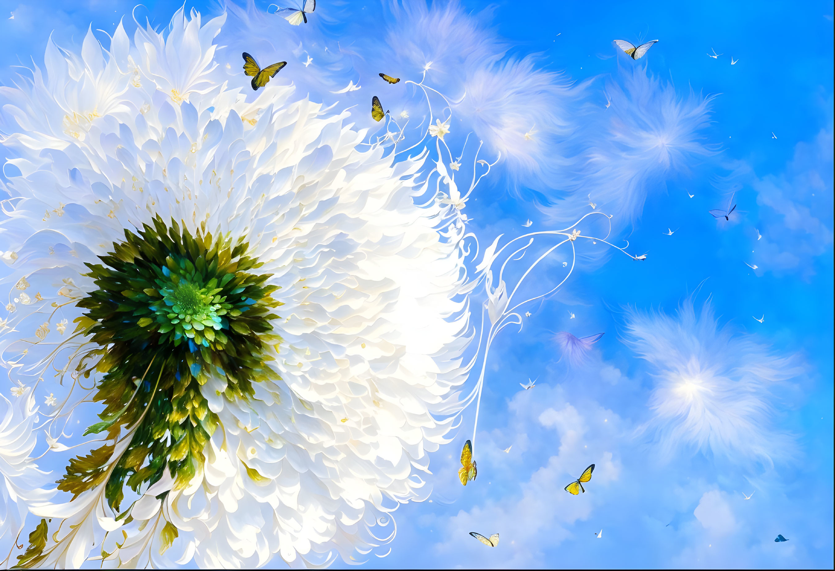 Colorful digital artwork: White flower, butterflies, dandelion seeds on blue sky