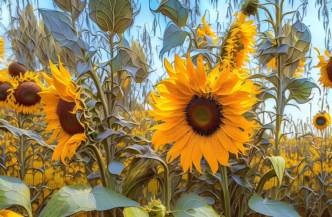 Vivid yellow sunflower in a field of golden flora