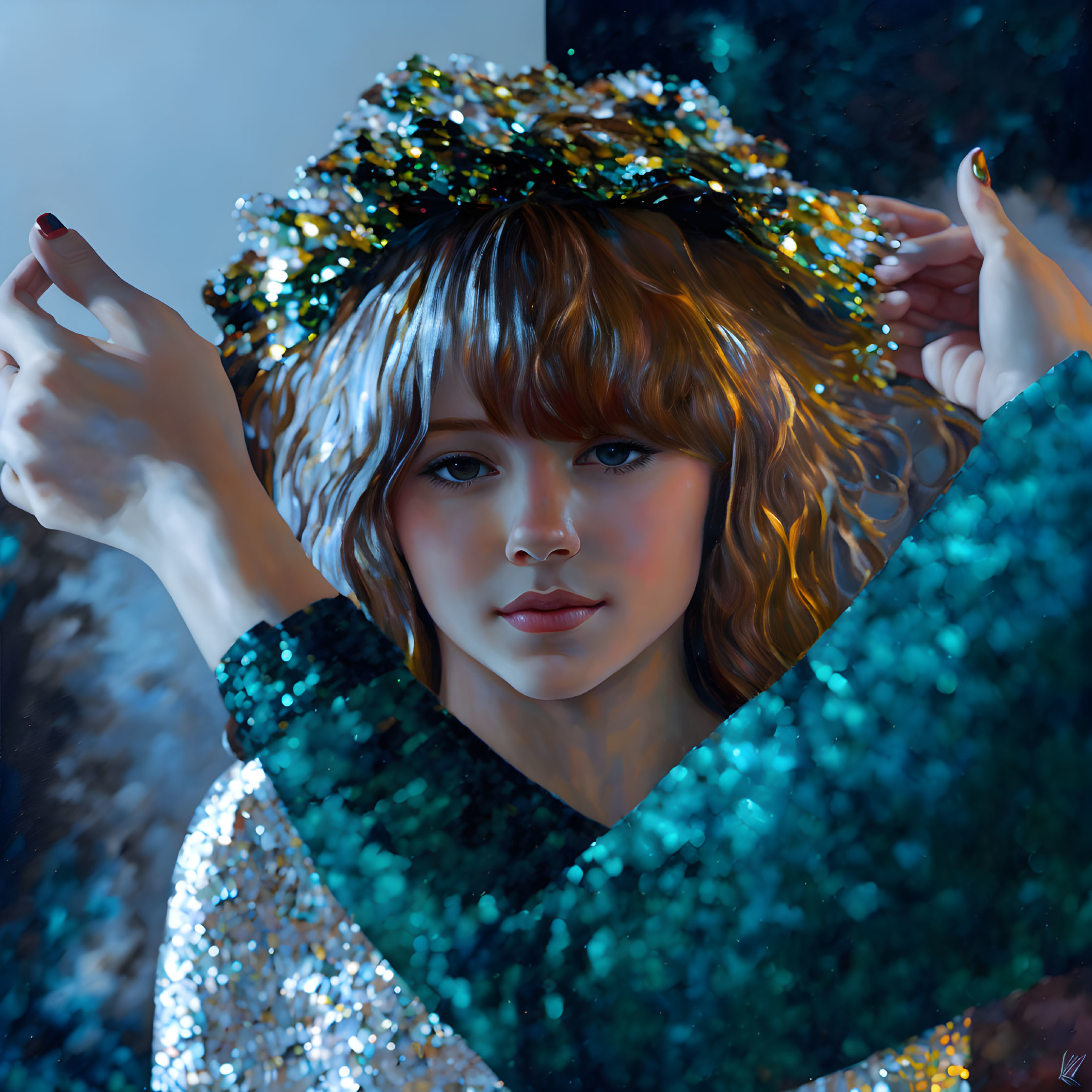 Woman with Bangs Wearing Sparkling Headband in Shimmery Blue Setting