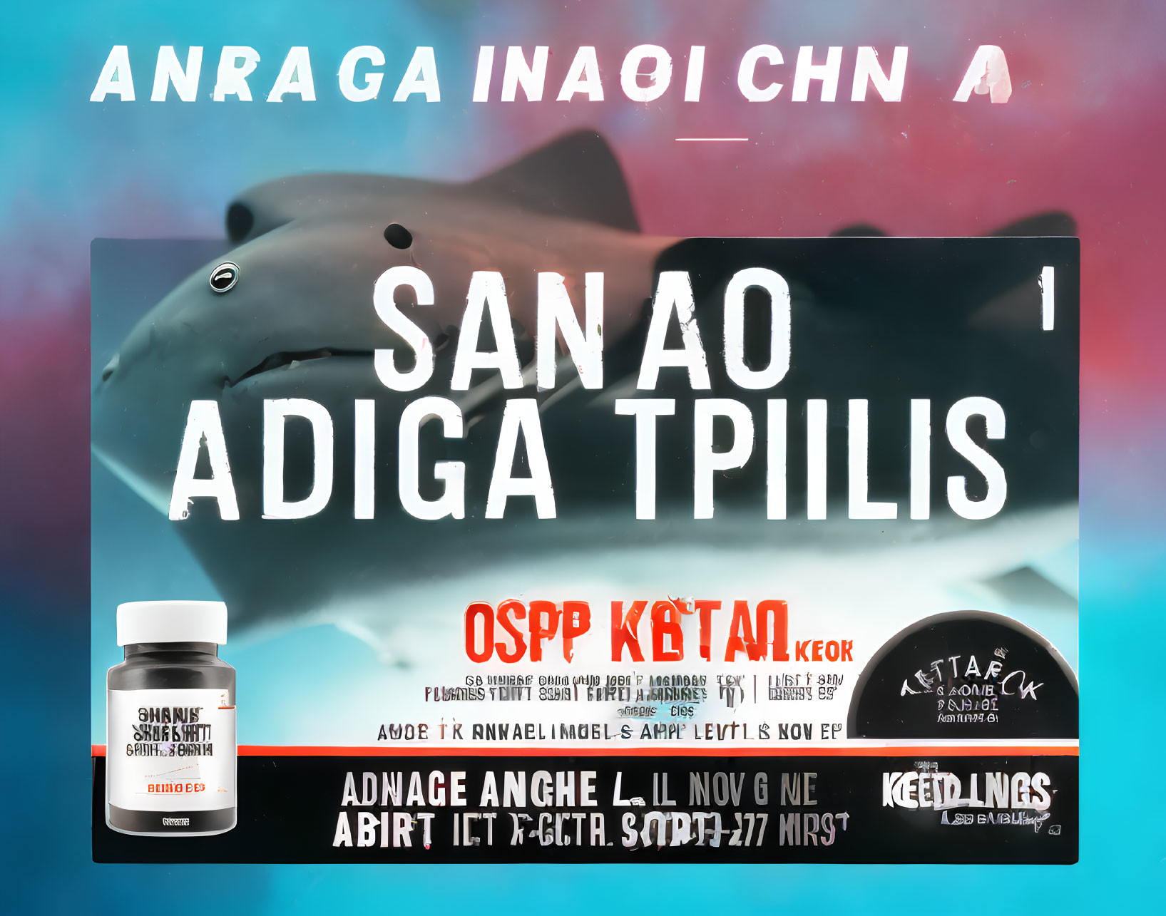 Dynamic Shark Advertisement with Text Overlays and Pill Bottles