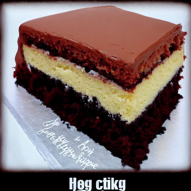 Layered Cake with Chocolate Icing and Sponge Layers on Plate