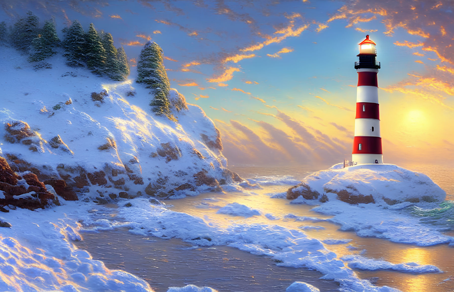 Snowy Cliff Winter Landscape with Red and White Striped Lighthouse