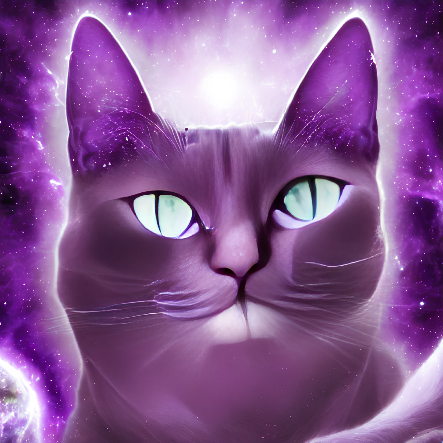 Cosmic-themed image: Cat with galaxy patterns and green eyes in starry space