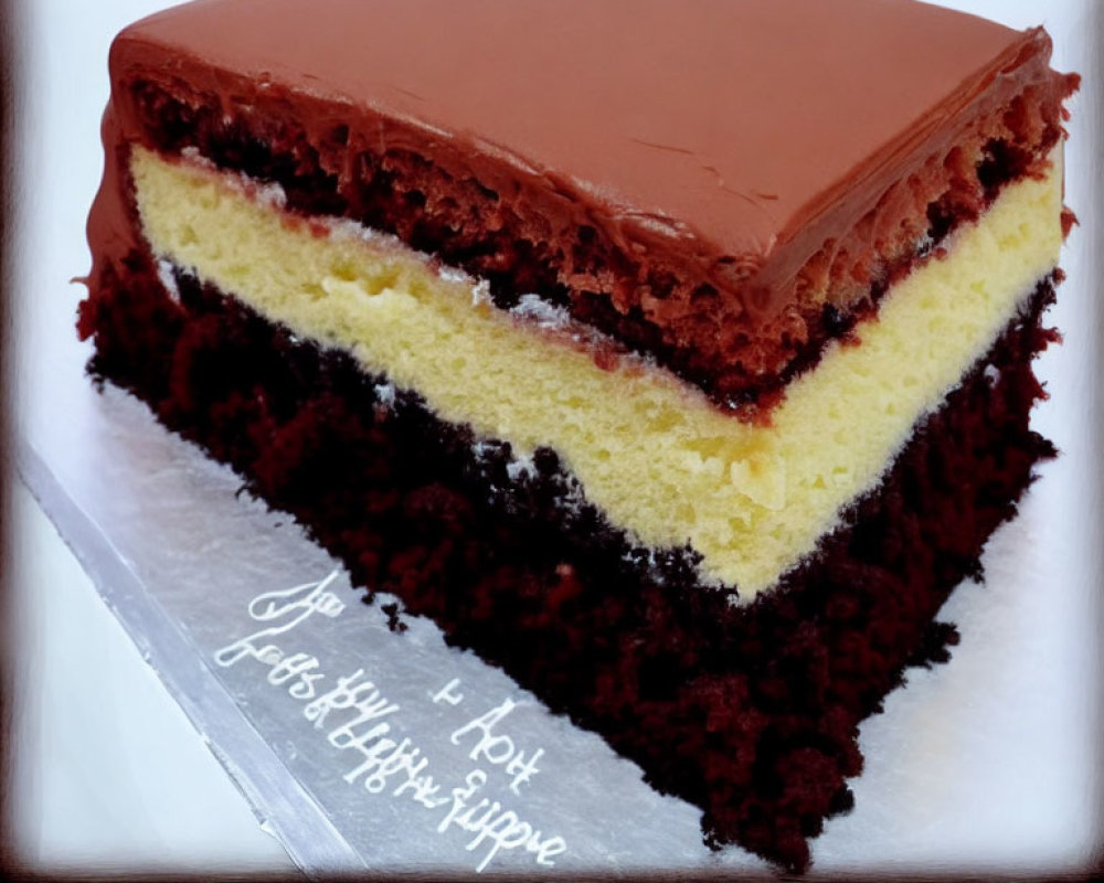 Layered Cake with Chocolate Icing and Sponge Layers on Plate