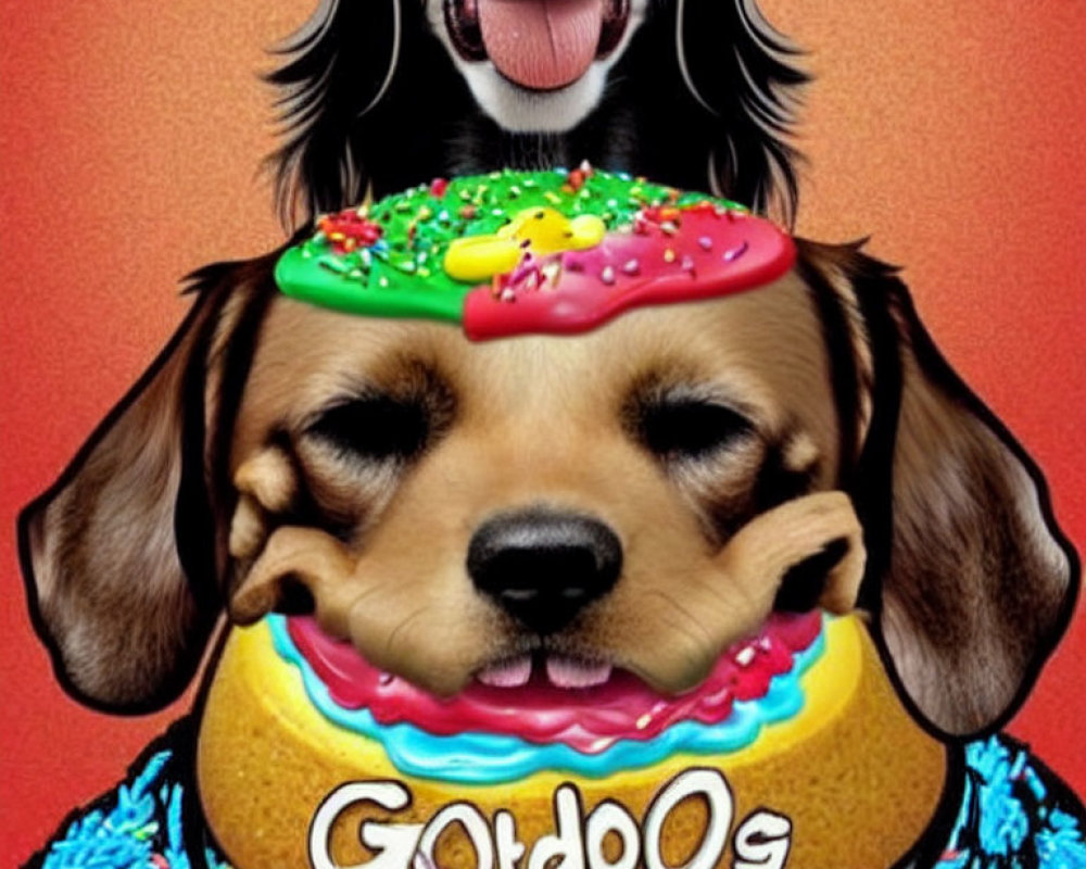 Whimsical dog illustration with donut collar on red background and "GatDoS" word