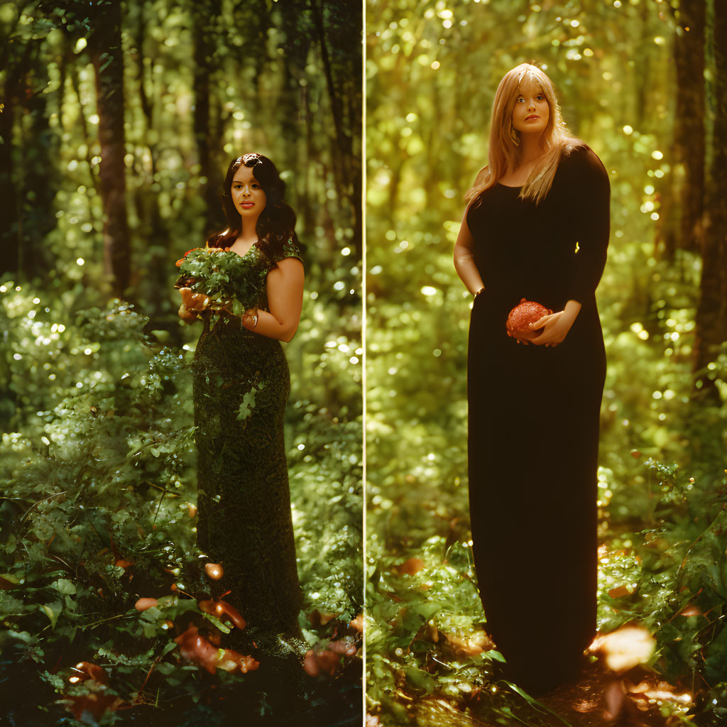 Two women in elegant dresses posing in sunlit forest with bouquet and single flower.