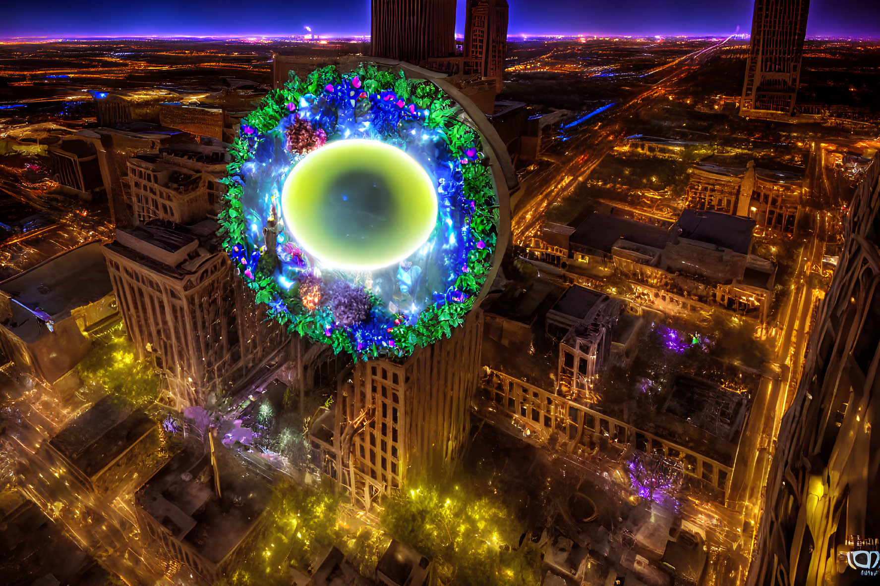 Colorful illuminated wreath on tall building in vibrant cityscape at dusk