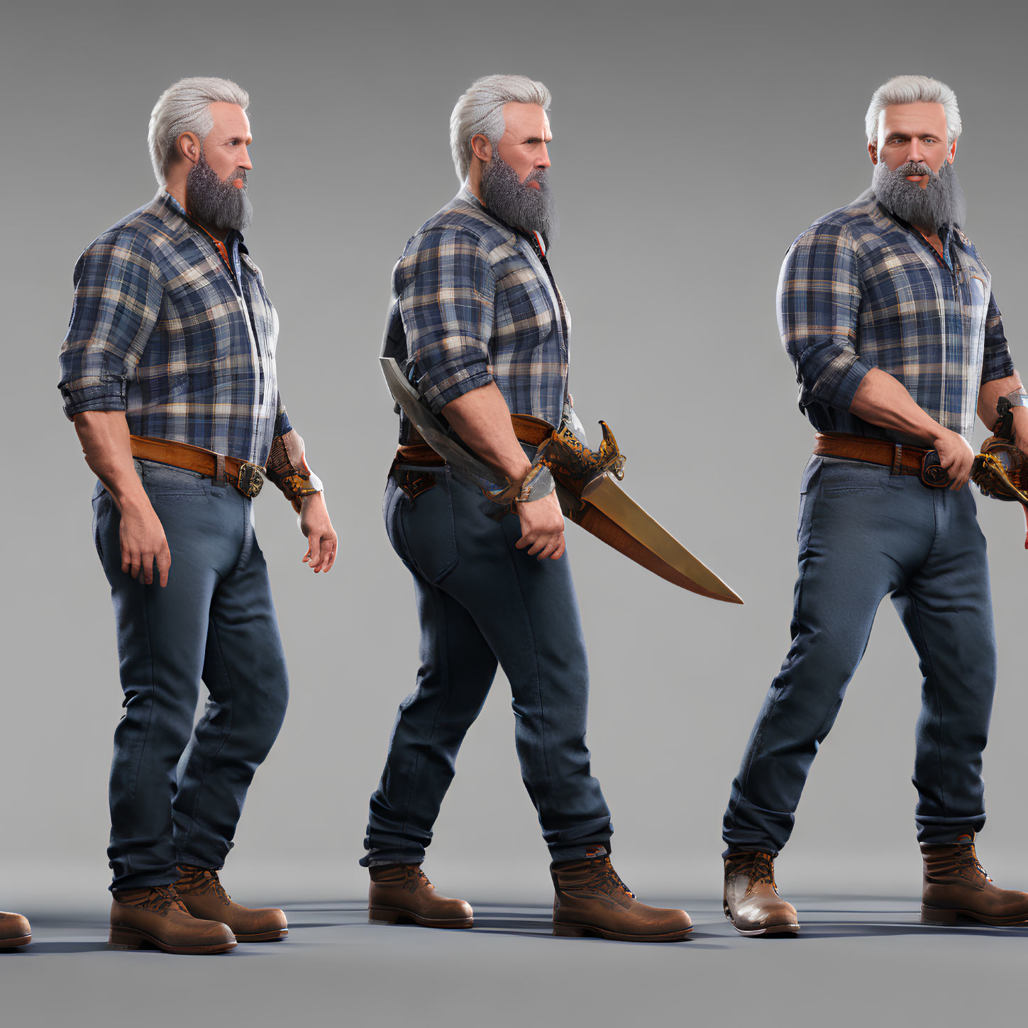 3D-rendered male character in plaid shirt, jeans, boots, and sword poses