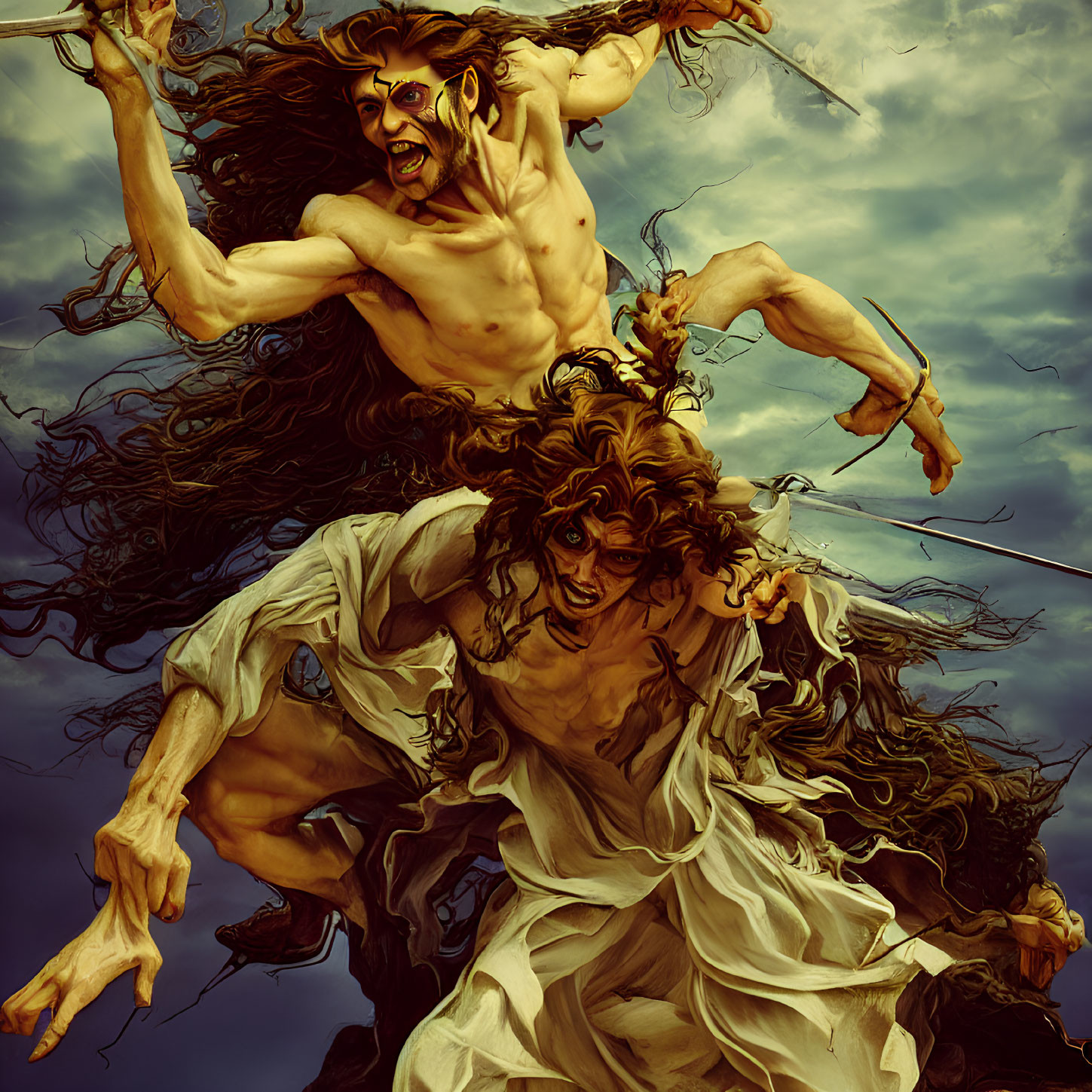 Enraged mythological figures in fierce battle under stormy skies