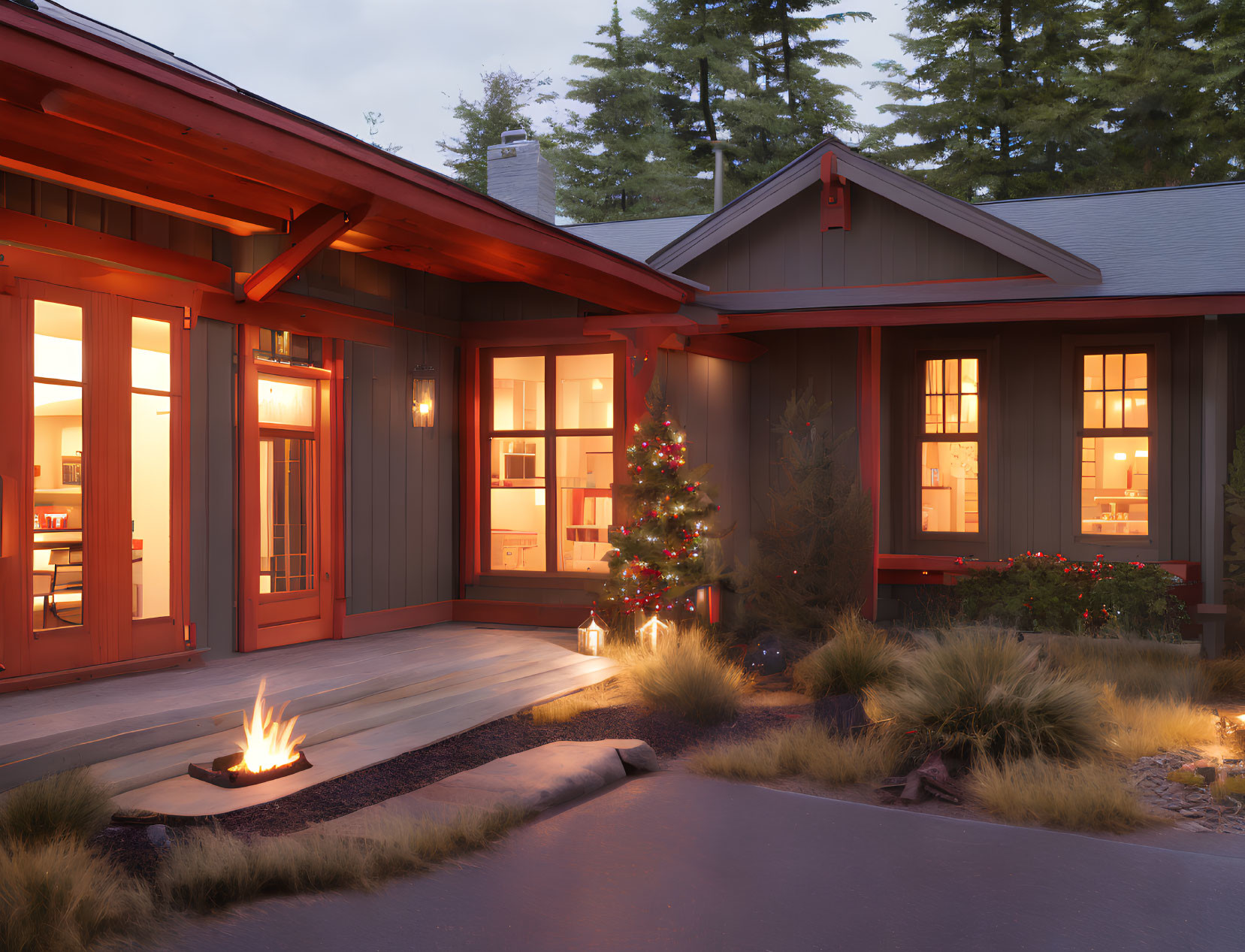 Modern house with warm lighting, fire pit, and Christmas tree view