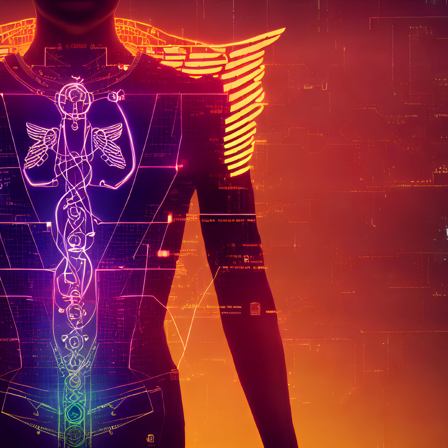 Human body digital art with health symbols on futuristic backdrop