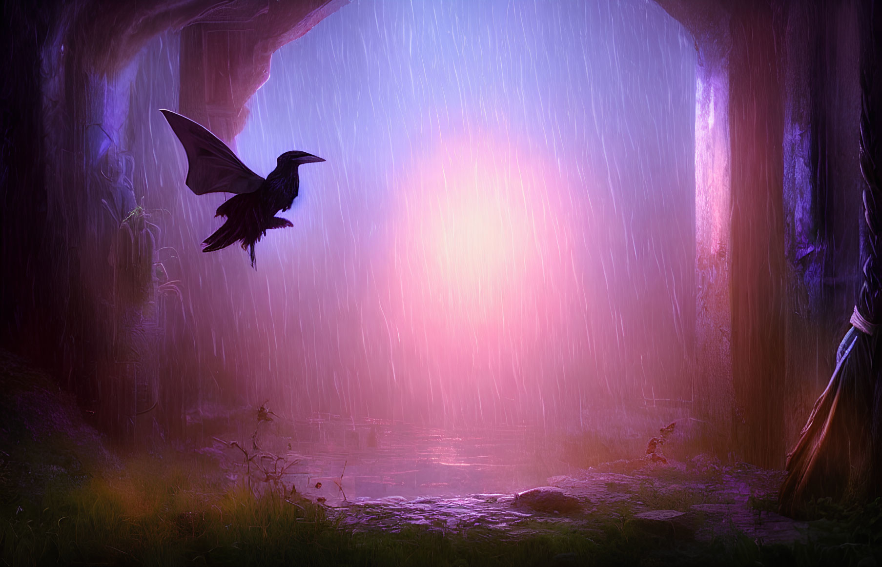 Mysterious purple-lit cavern with flying raven and unknown figures