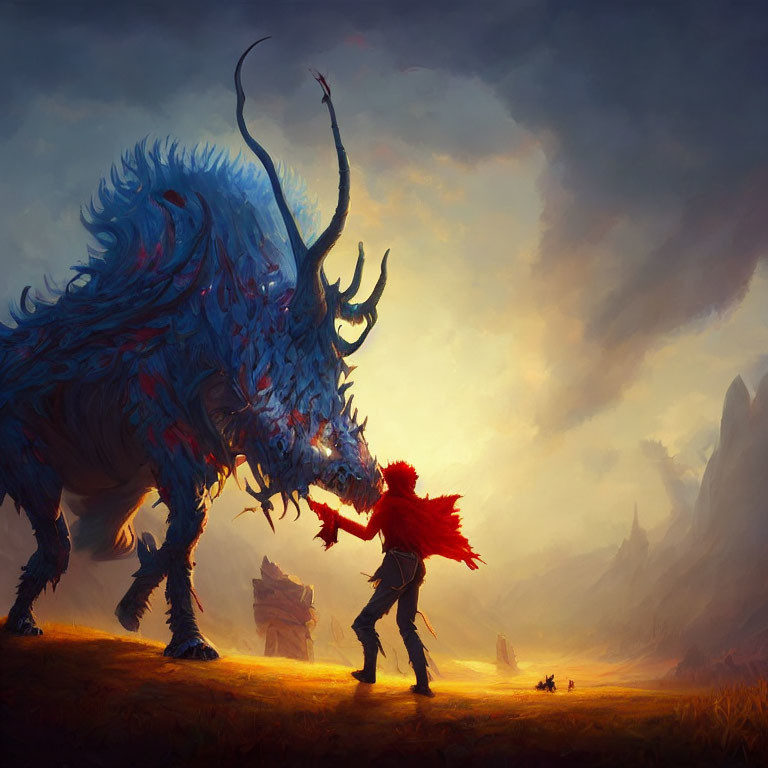 Warrior confronts giant blue horned beast in dramatic fantasy scene