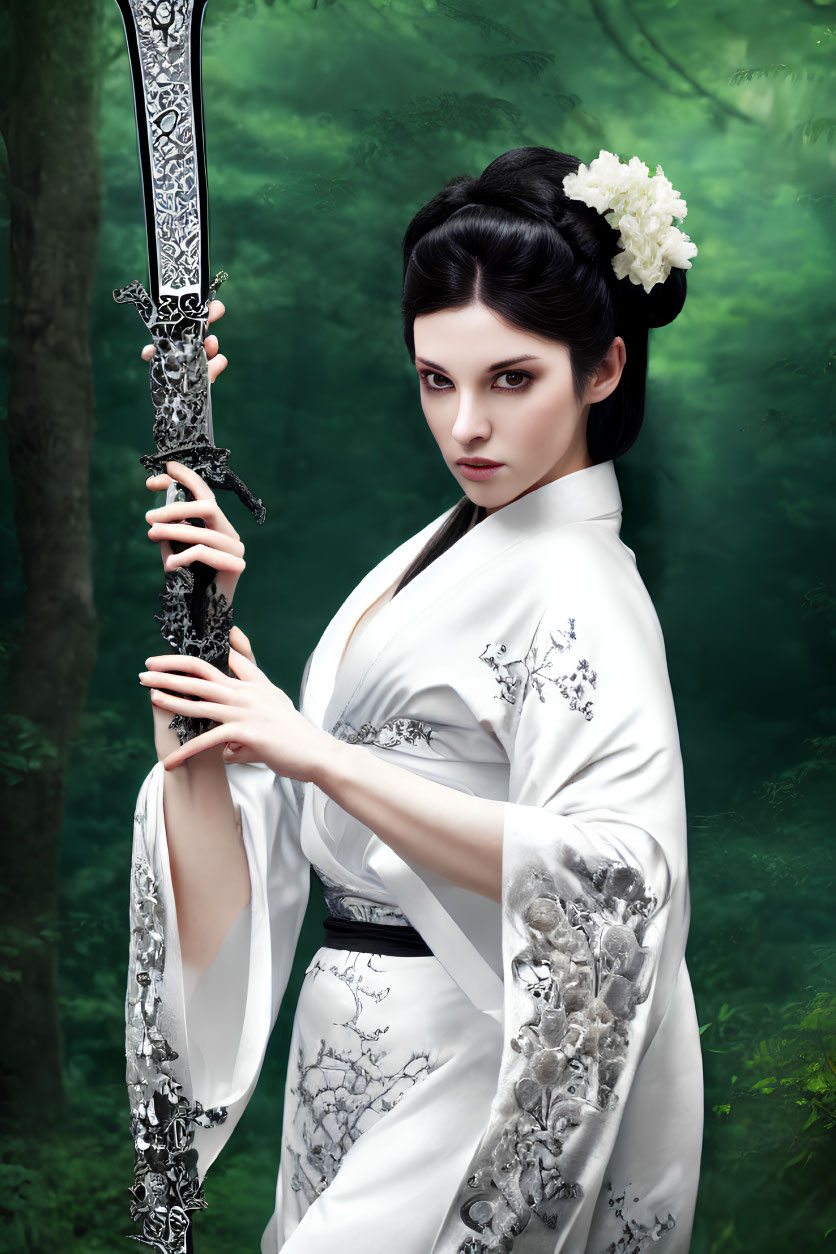 Woman in white attire with floral patterns holding ornate sword in mystical forest