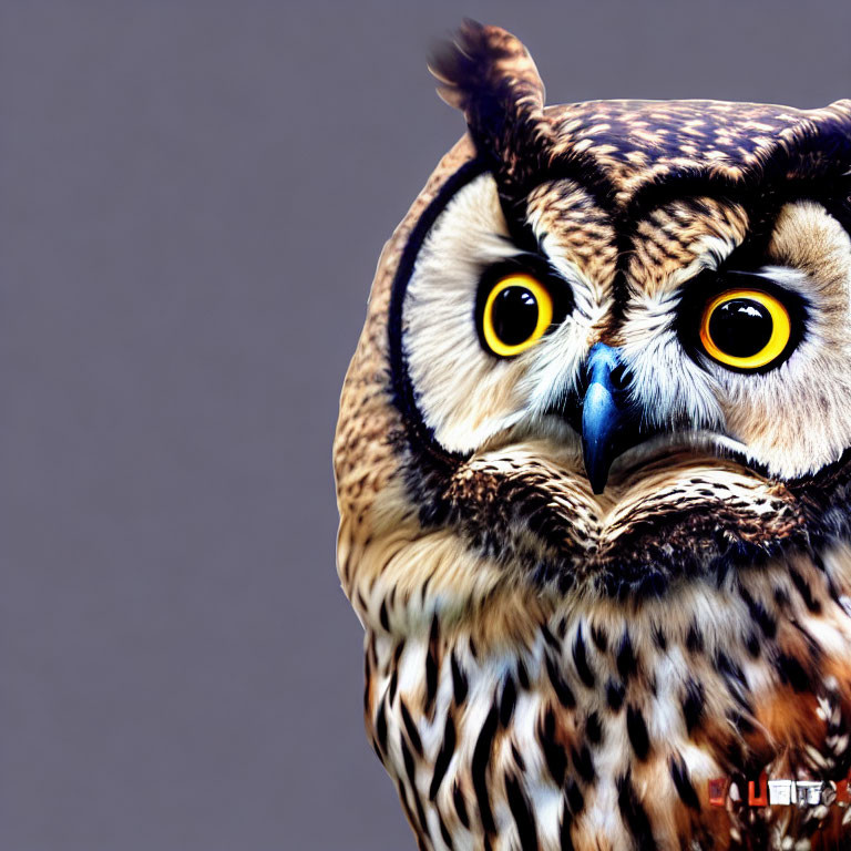 Great Horned Owl with Tufts and Yellow Eyes on Grey Background