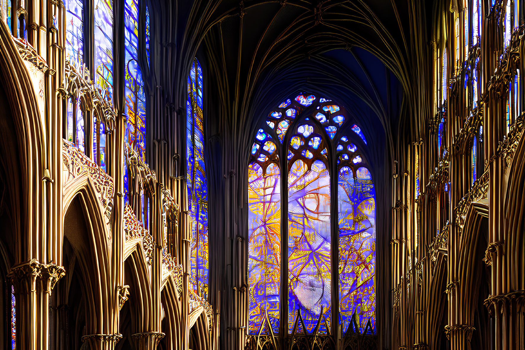 Gothic Cathedral Interior with Ribbed Vaults and Stained-Glass Windows