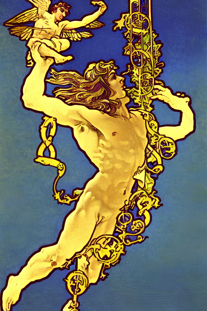 Art Nouveau Style Illustration: Muscular Male Figure with Floral Elements and Cherub on Blue Background