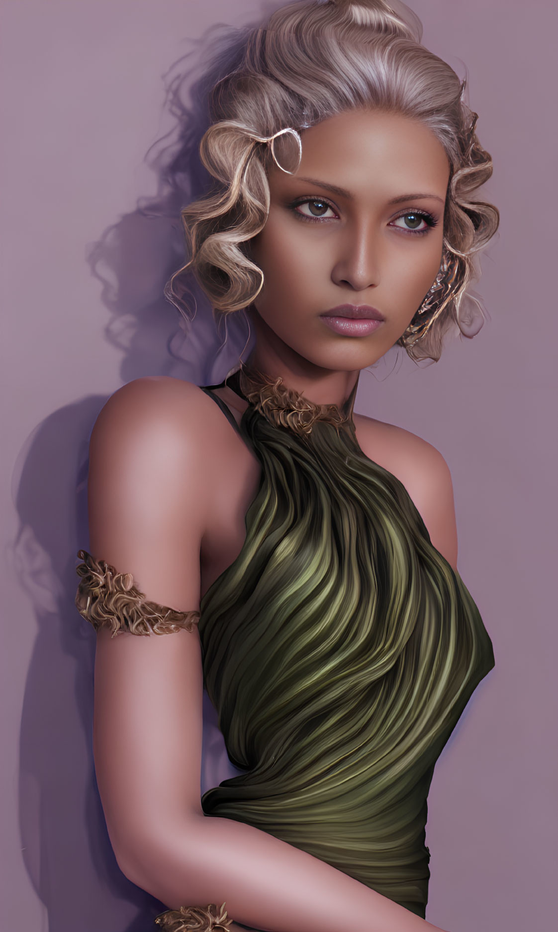 Digital artwork of a woman in green off-shoulder gown with curly hair and intense gaze