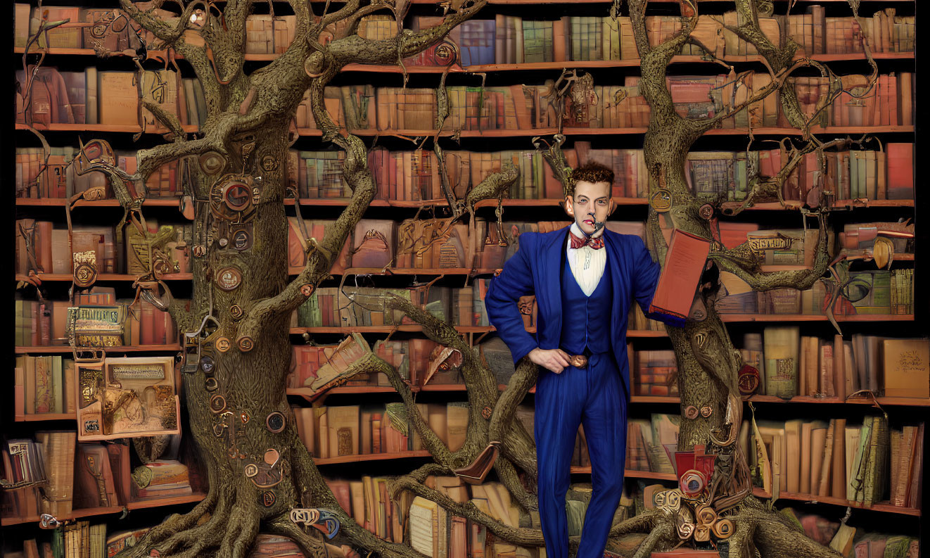 Person in Blue Suit Standing by Whimsical Bookshelf with Books and Curios