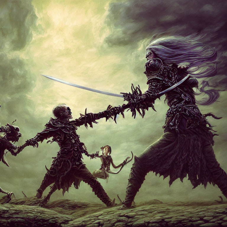 Fantasy battle scene: fierce female warrior vs. armored skeletal adversary