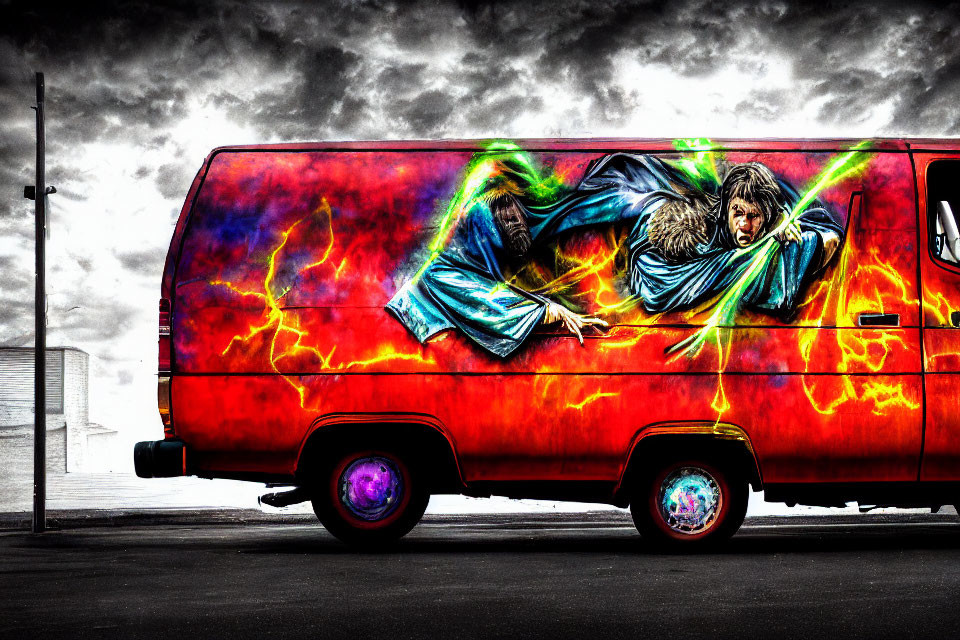 Colorful Flaming Motif Painted Van Under Cloudy Sky