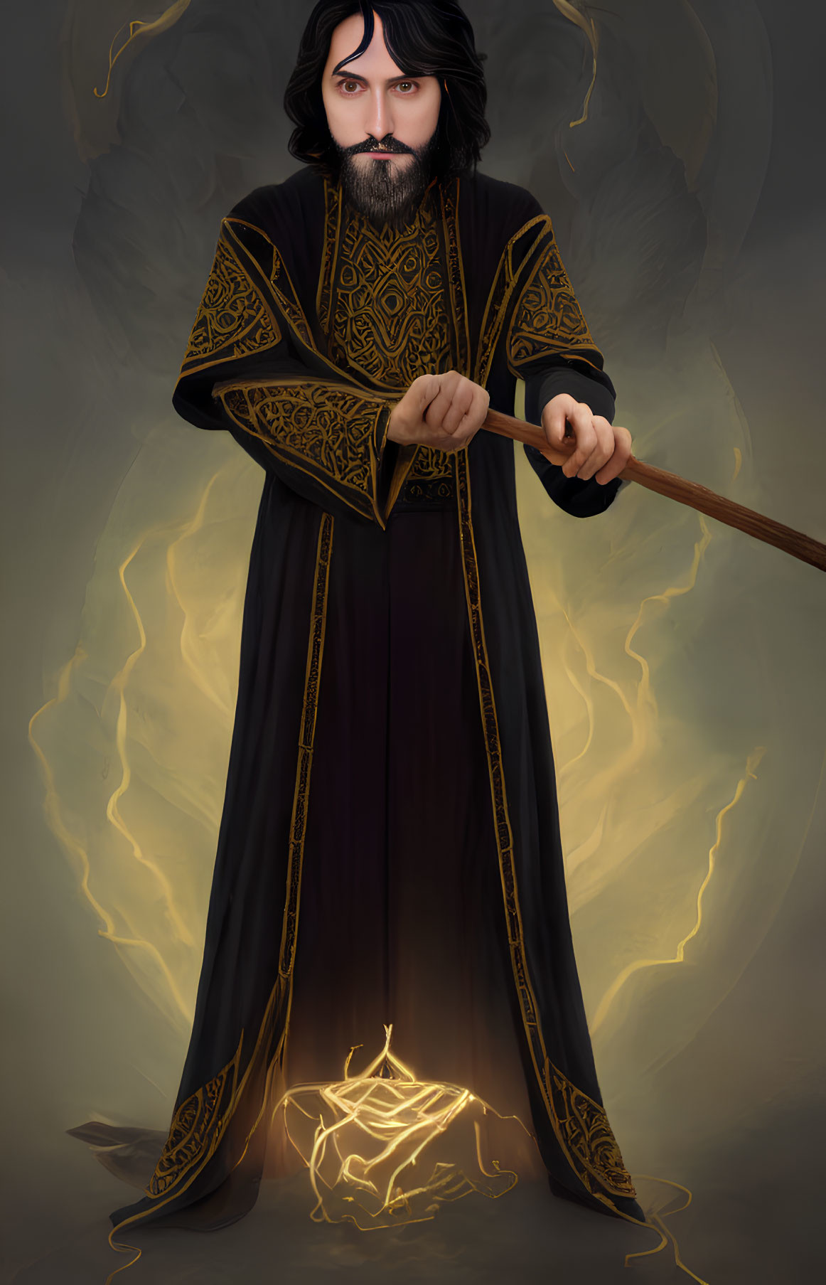 Bearded man in detailed black robe with glowing energy and staff