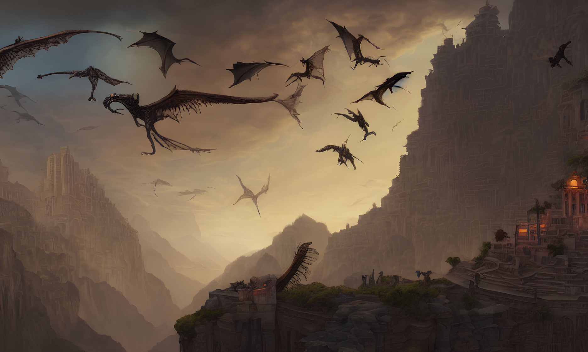 Fantasy world with dragons above ancient ruins and misty cliffs