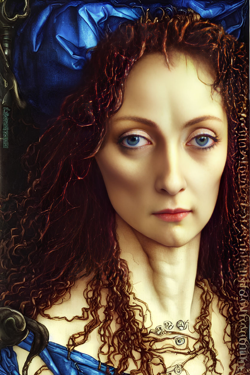 Portrait of woman with curly red hair and blue eyes in ornate blue attire