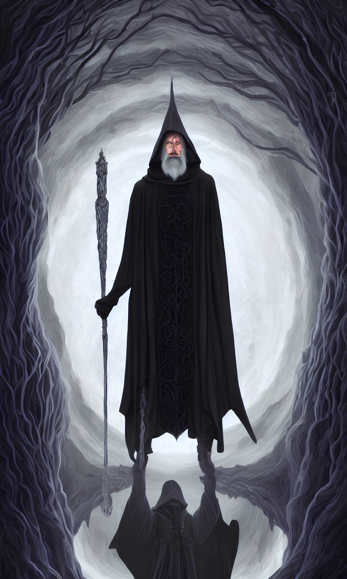 Wizard in Black Cloak with Staff in Mystical Vortex
