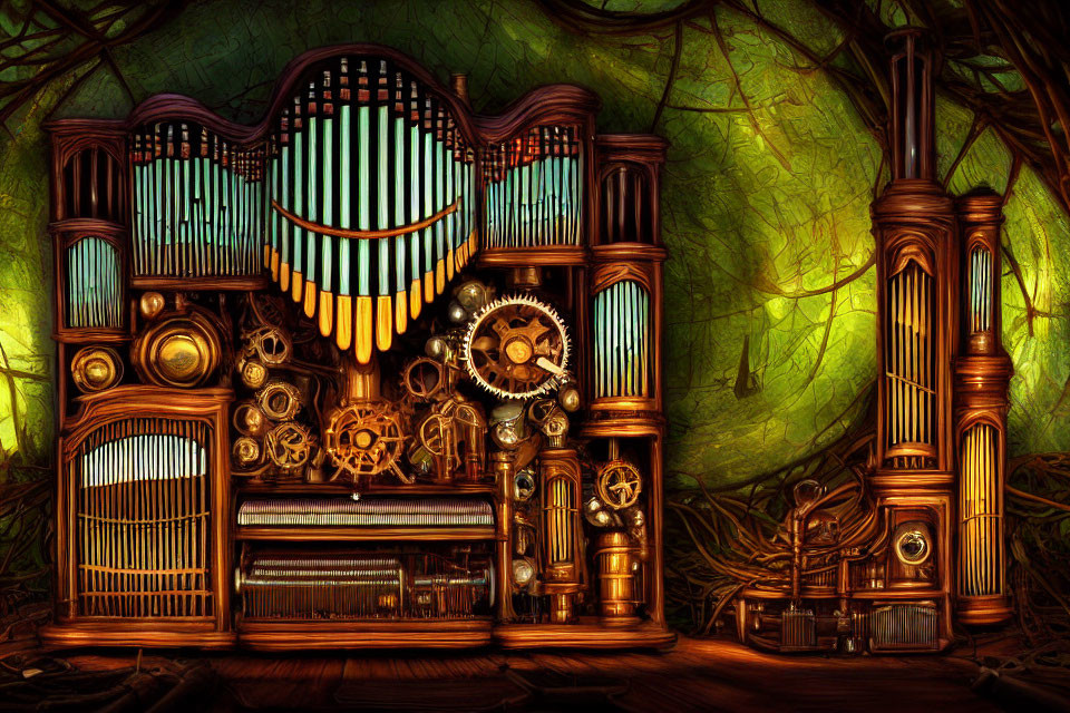 Steampunk-style organ with gears and pipes in forest setting