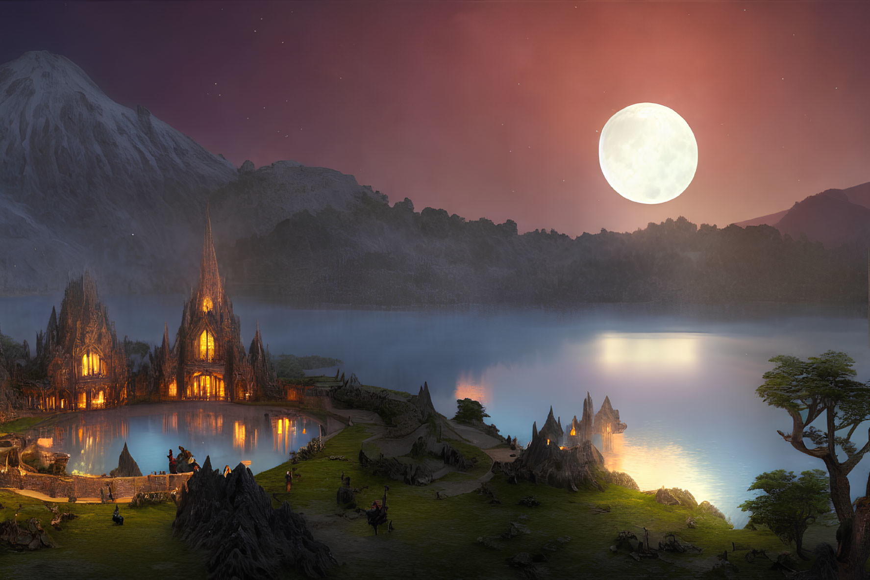 Fantasy landscape with illuminated castle, moon, mountains, and lake