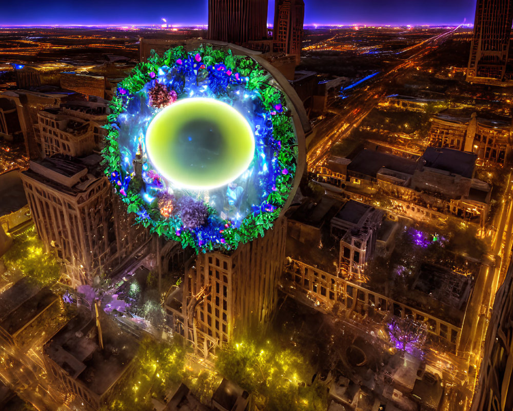 Colorful illuminated wreath on tall building in vibrant cityscape at dusk