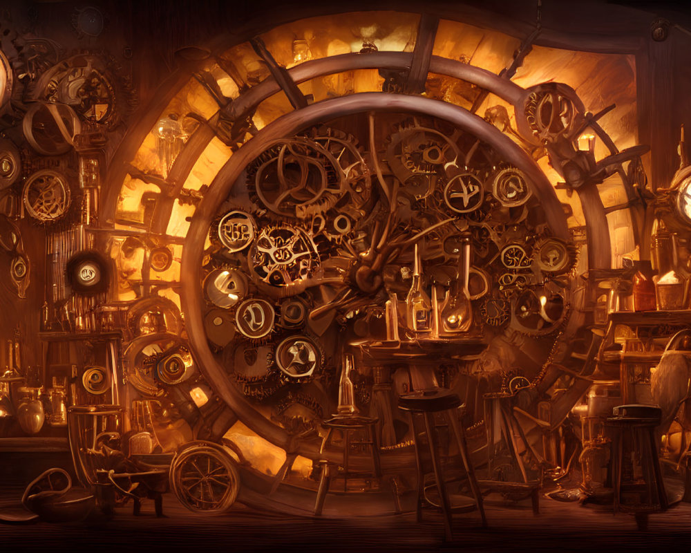 Intricate Steampunk Workshop with Gears and Clocks