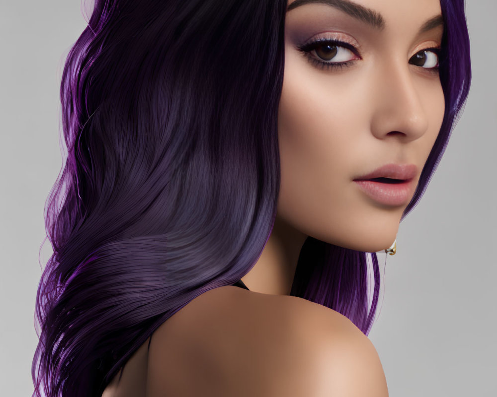 Digital portrait of woman with flowing purple hair and perfect makeup on gray background