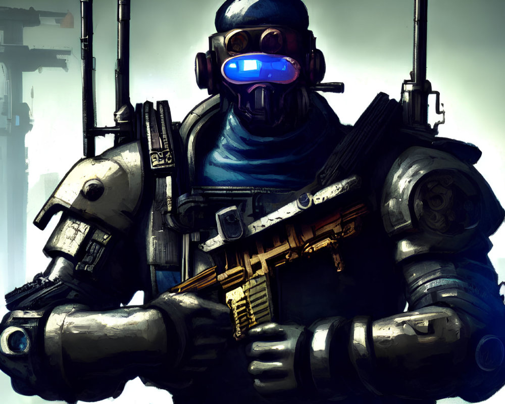 Futuristic soldier in gas mask and heavy armor with rifle, cityscape background