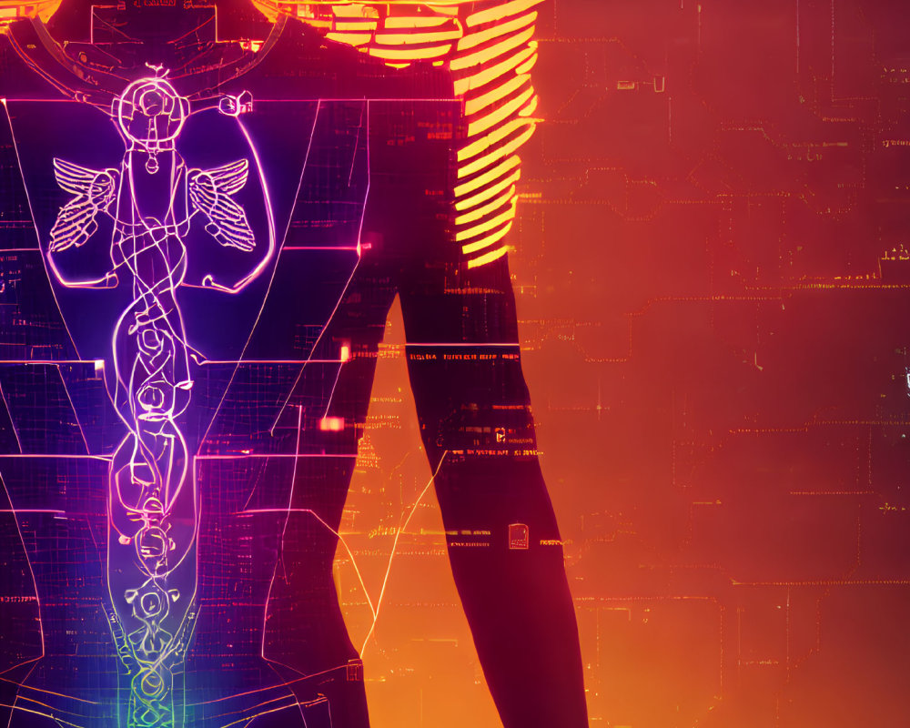 Human body digital art with health symbols on futuristic backdrop